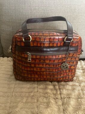 Patricia Nash Croc-Embossed Satchel Bag in Warm Cognac and Dark Brown